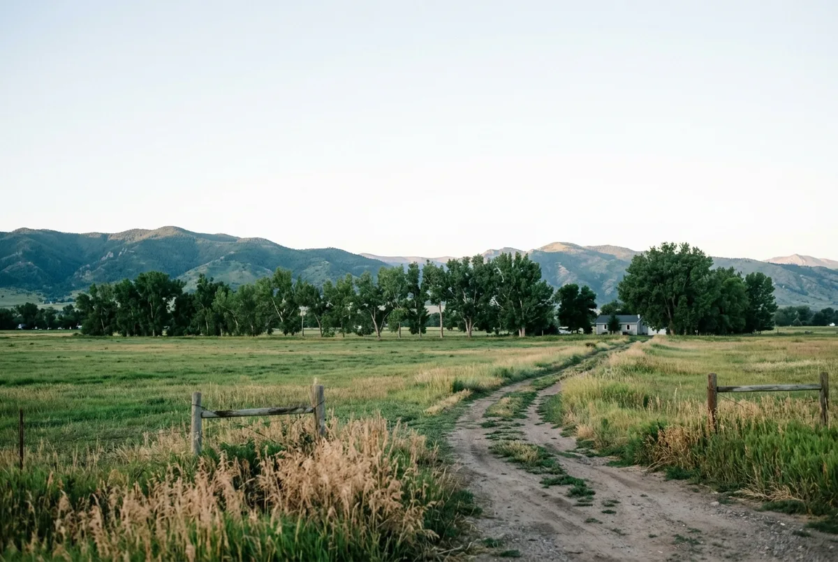 Open farmland in early morning, a line of cottonwoods and the foothills behind under a pale clear sky