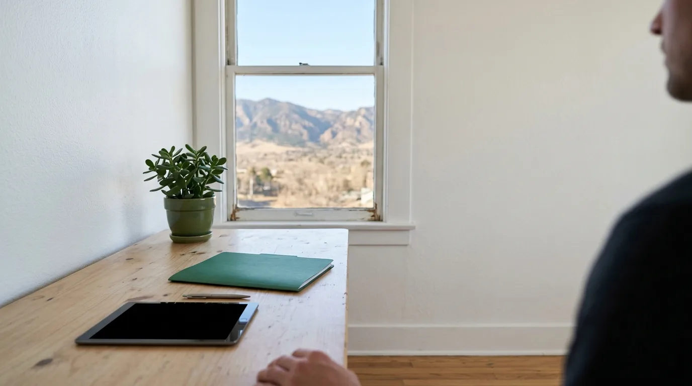 A pale wood desk against a white wall beside a tall window, the foothills soft in morning light, a green plant and a closed folder on the desk