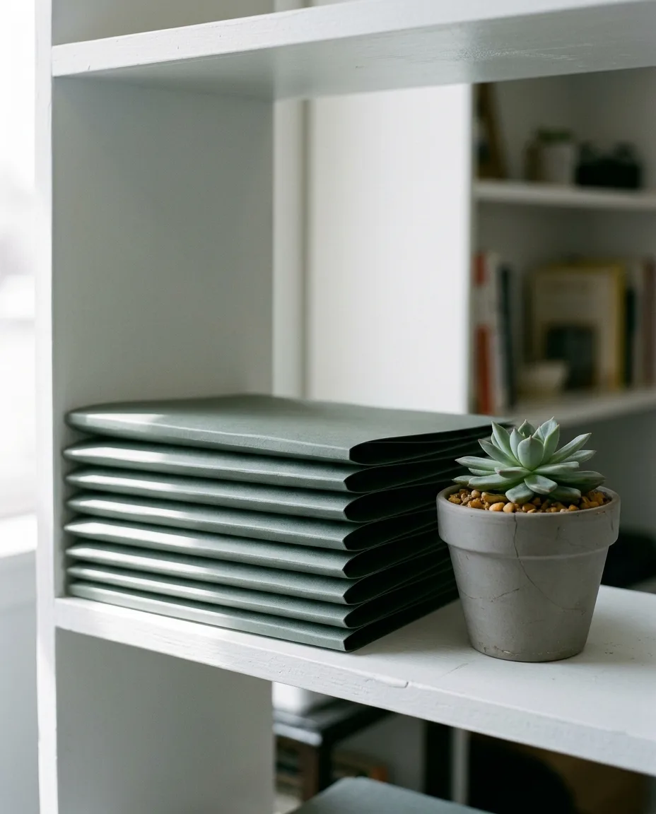 A neat stack of gray green folders squared on a white shelf beside a small potted plant