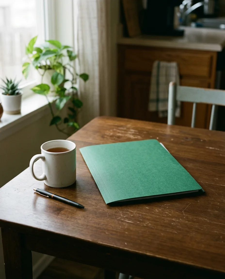 A kitchen table corner in morning light with a white mug, a pen and a closed green folder