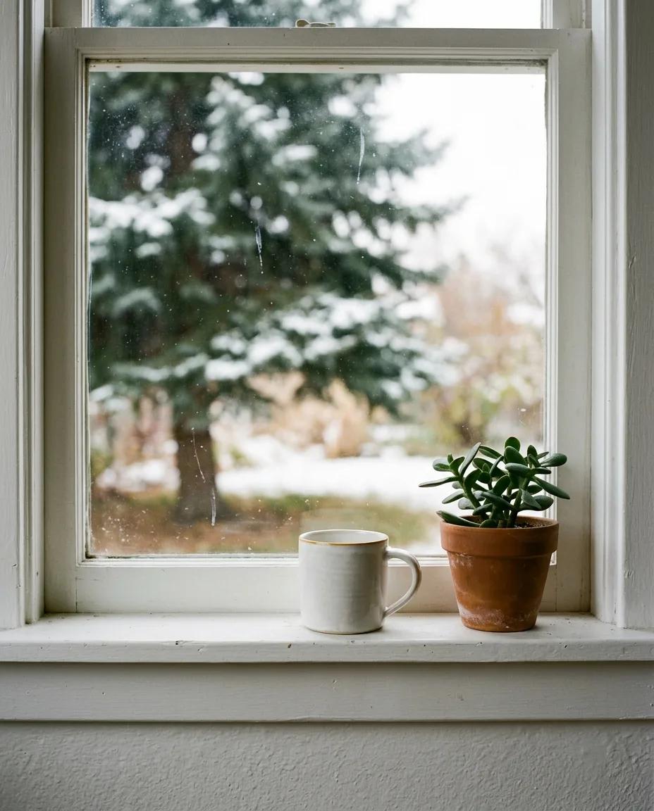A white window sill with a mug and a small plant, light snow on a spruce outside