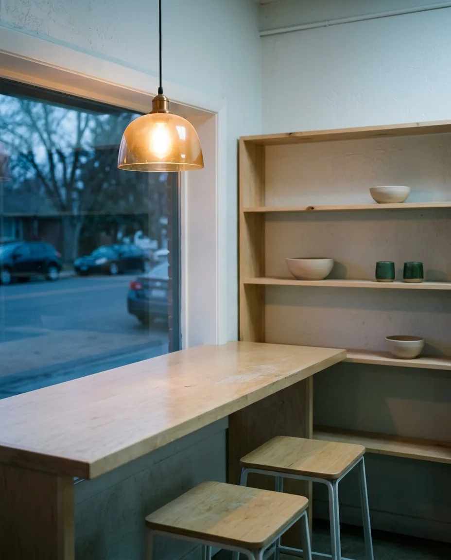 An empty shop counter after hours, a pale wood top, two stools and one warm pendant lamp