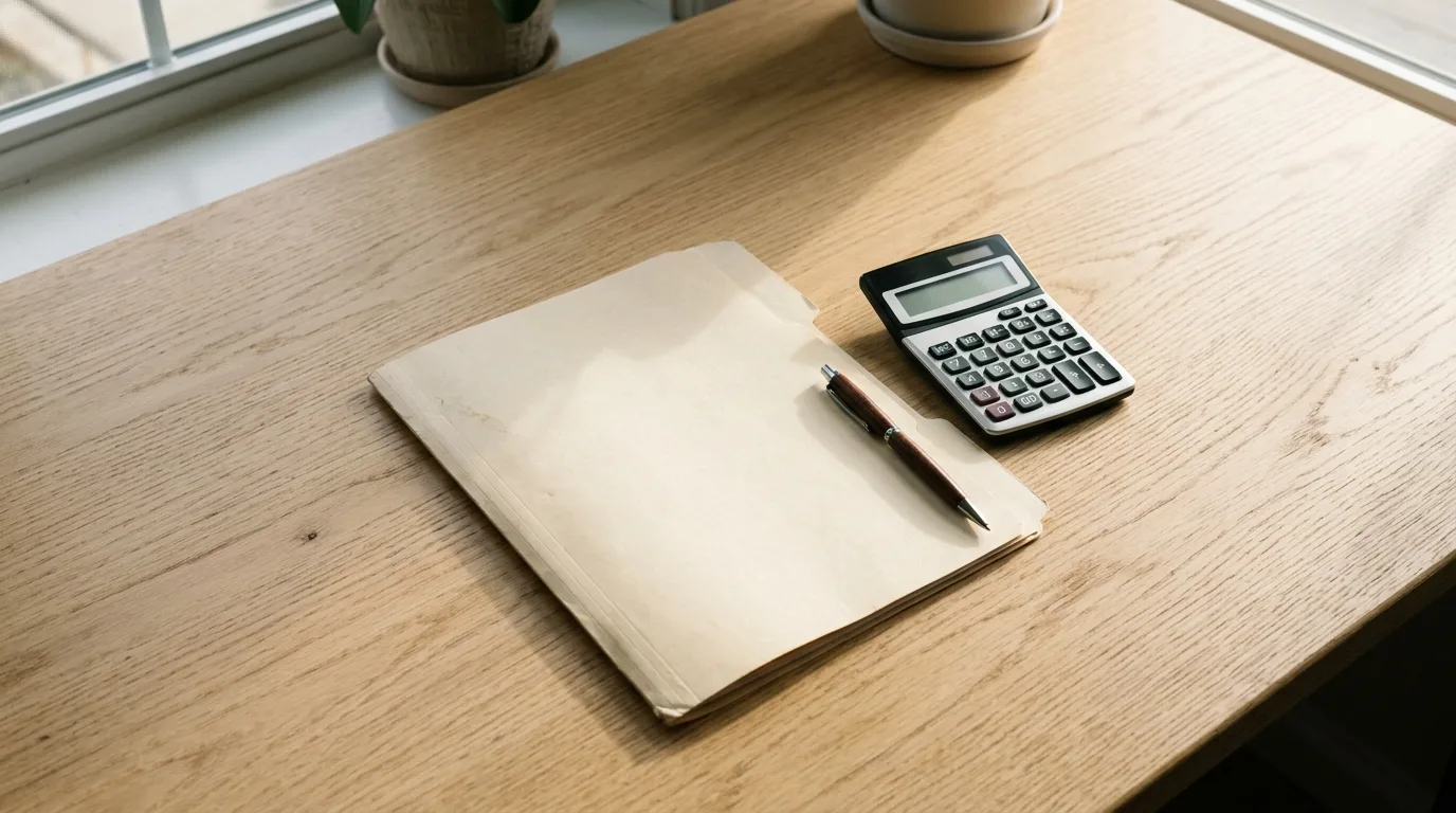 Overhead view of a pale wood desk with a closed folder, a calculator and a pen, morning light across the surface