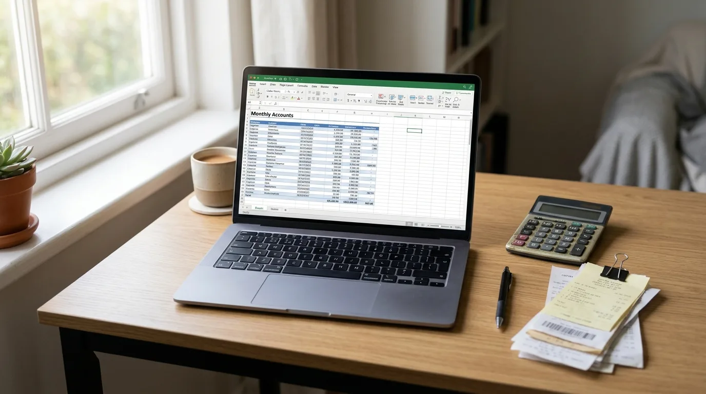 A tidy home office desk with an open laptop displaying a spreadsheet of monthly accounts, a stack of clipped receipts, and a calculator in soft morning light