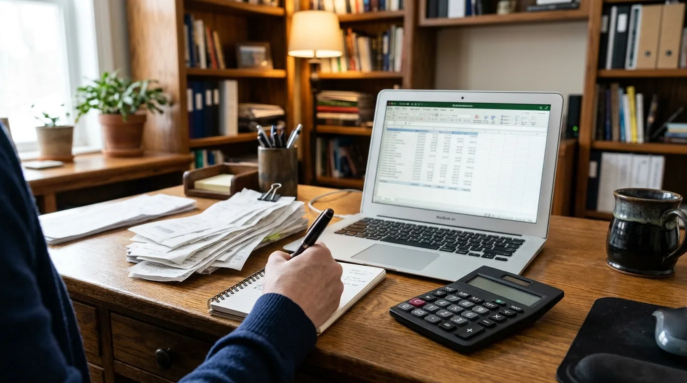 A small business owner's desk with a calculator, a stack of receipts, and a laptop showing spreadsheet columns, no faces visible