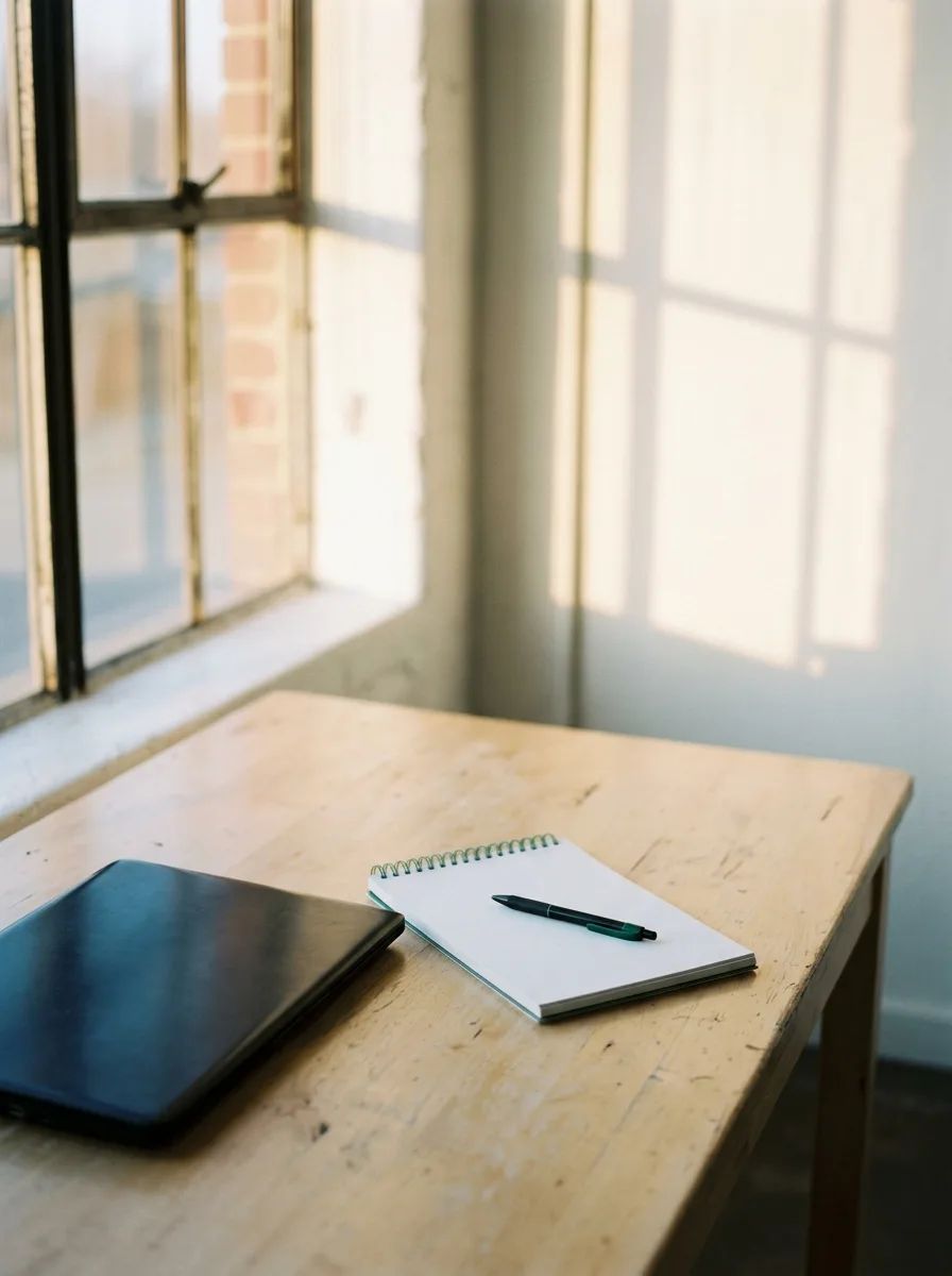 A pale wood desk by a tall window in late afternoon light, a closed laptop and a pen on a blank notepad