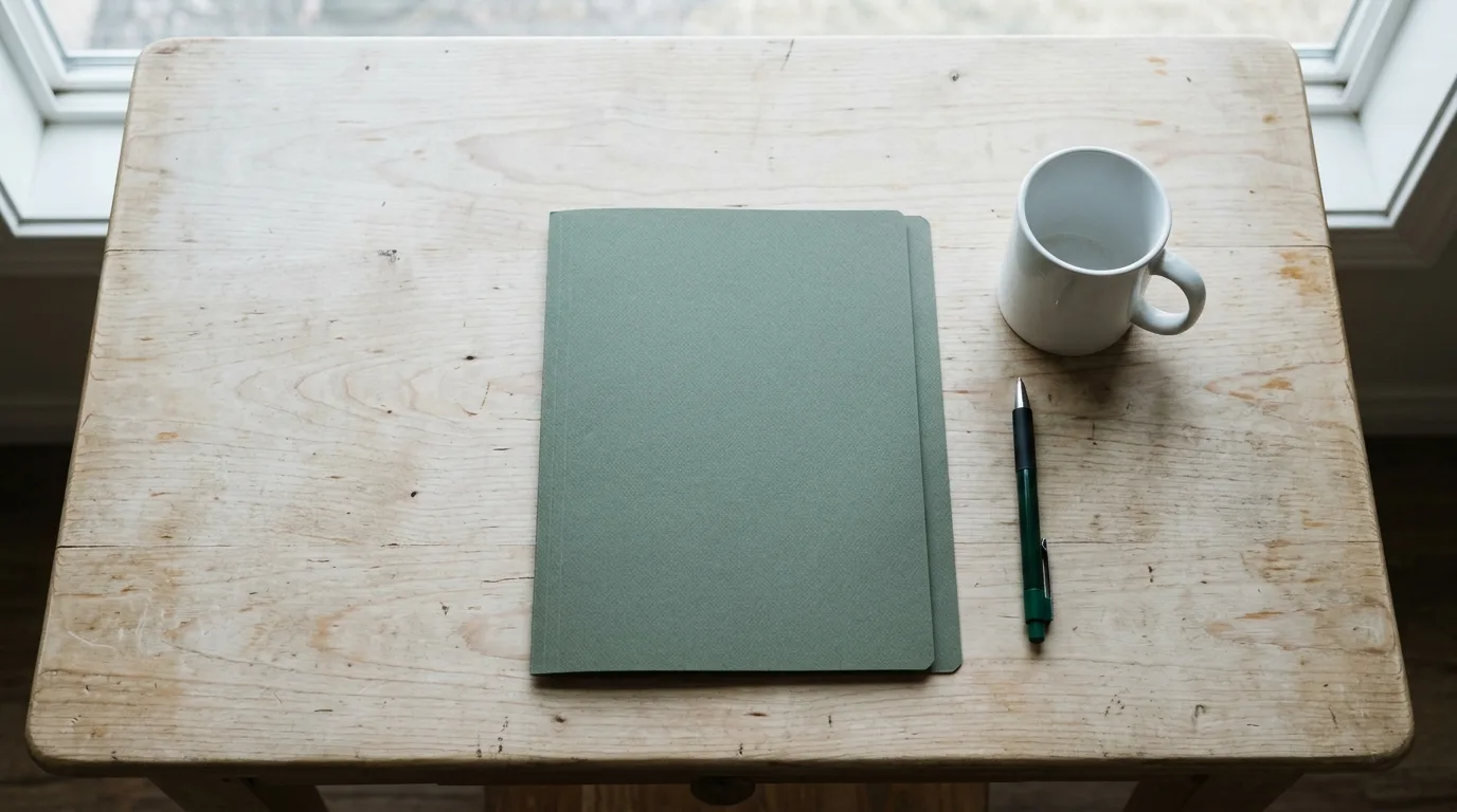 Looking straight down on a pale wood table with one closed green gray folder, a white mug and a pen